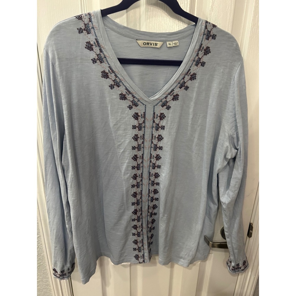 Orvis Top Light Blue Embroidered V-Neck Long Sleeve Cotton Knit 3C6Z XL